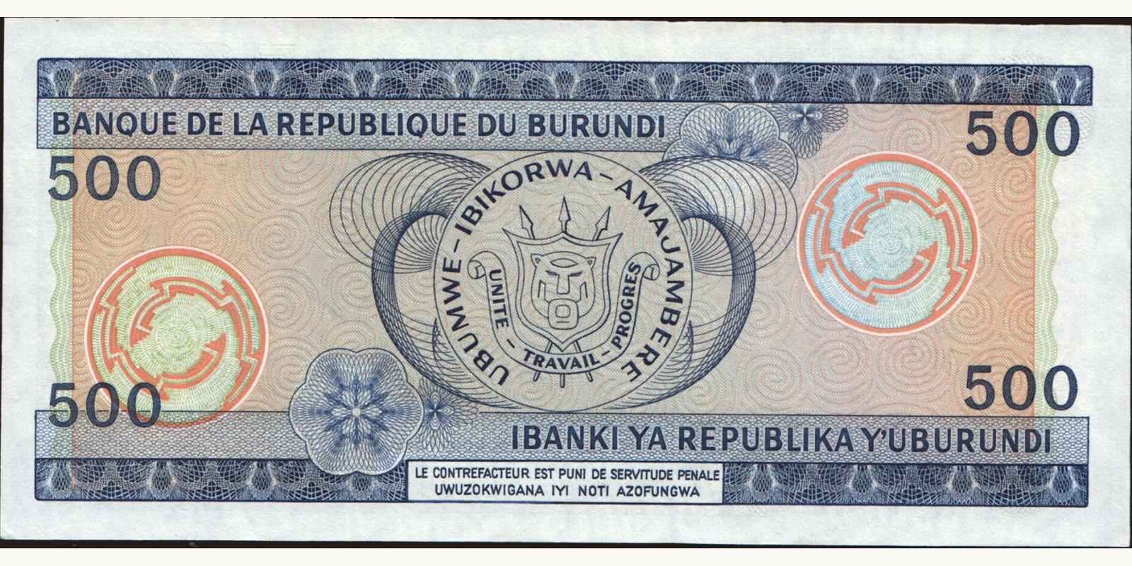 500 franc Burundi 1988 — Back side