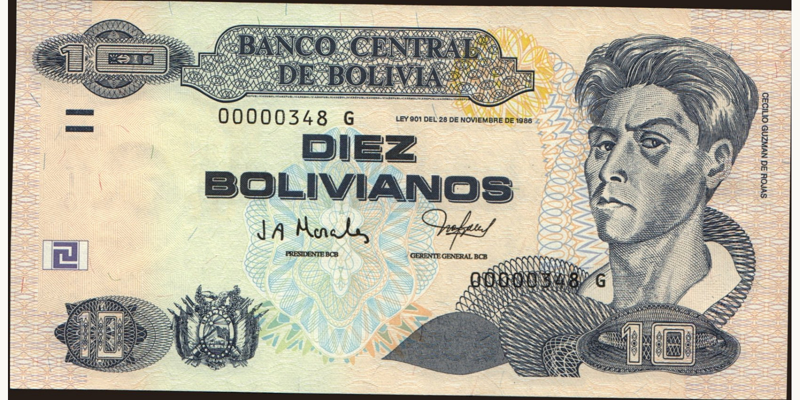 10 bolivianos Bolivia 1986 — Front side