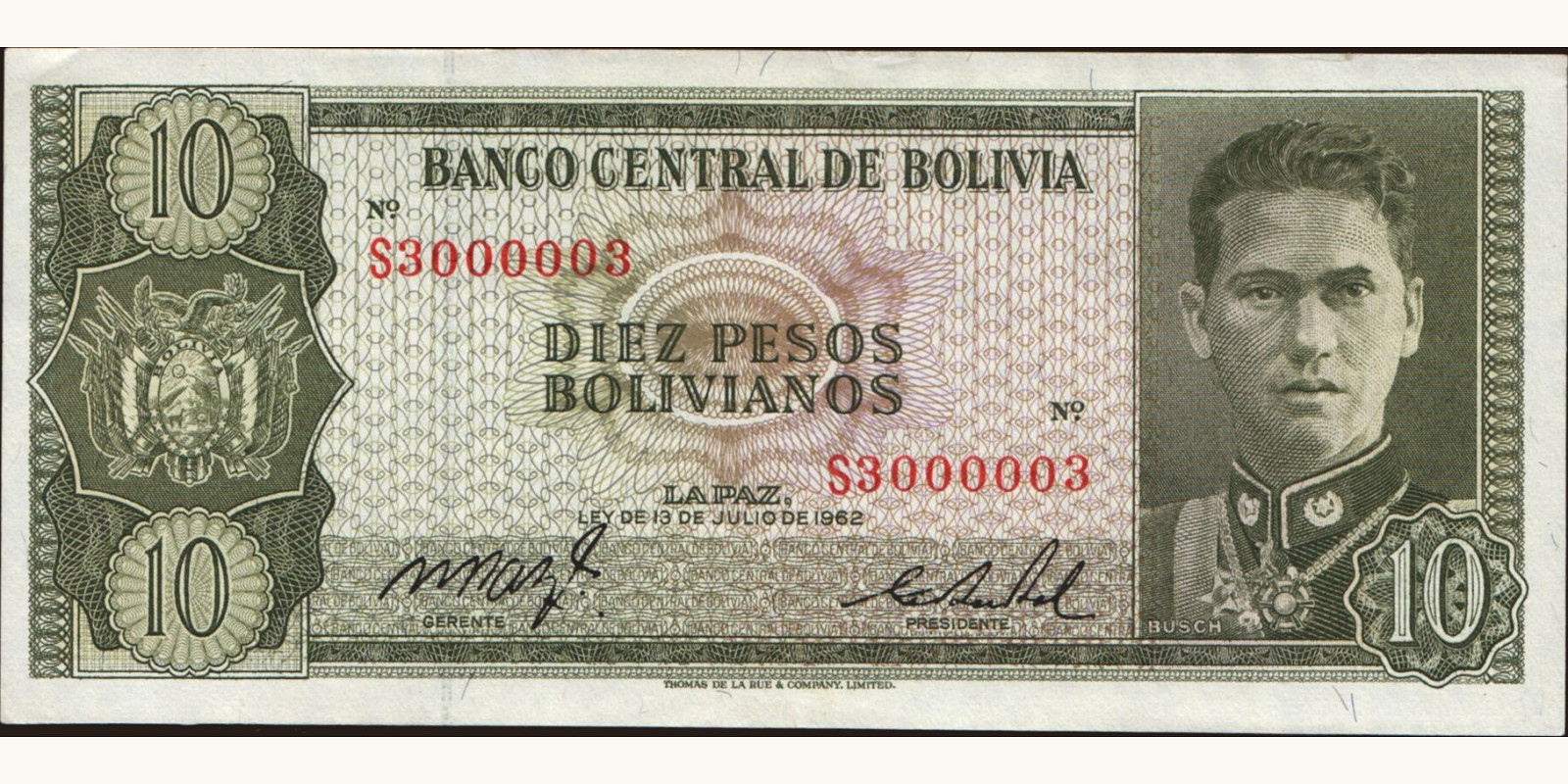10 pesos Bolivia 1962 — Front side