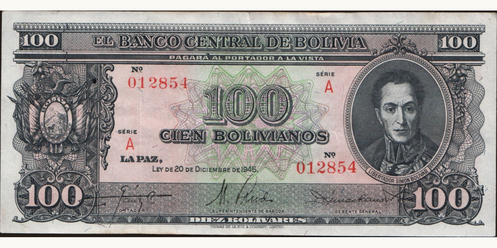 100 bolivianos Боливия 1945 — Лицевая сторона