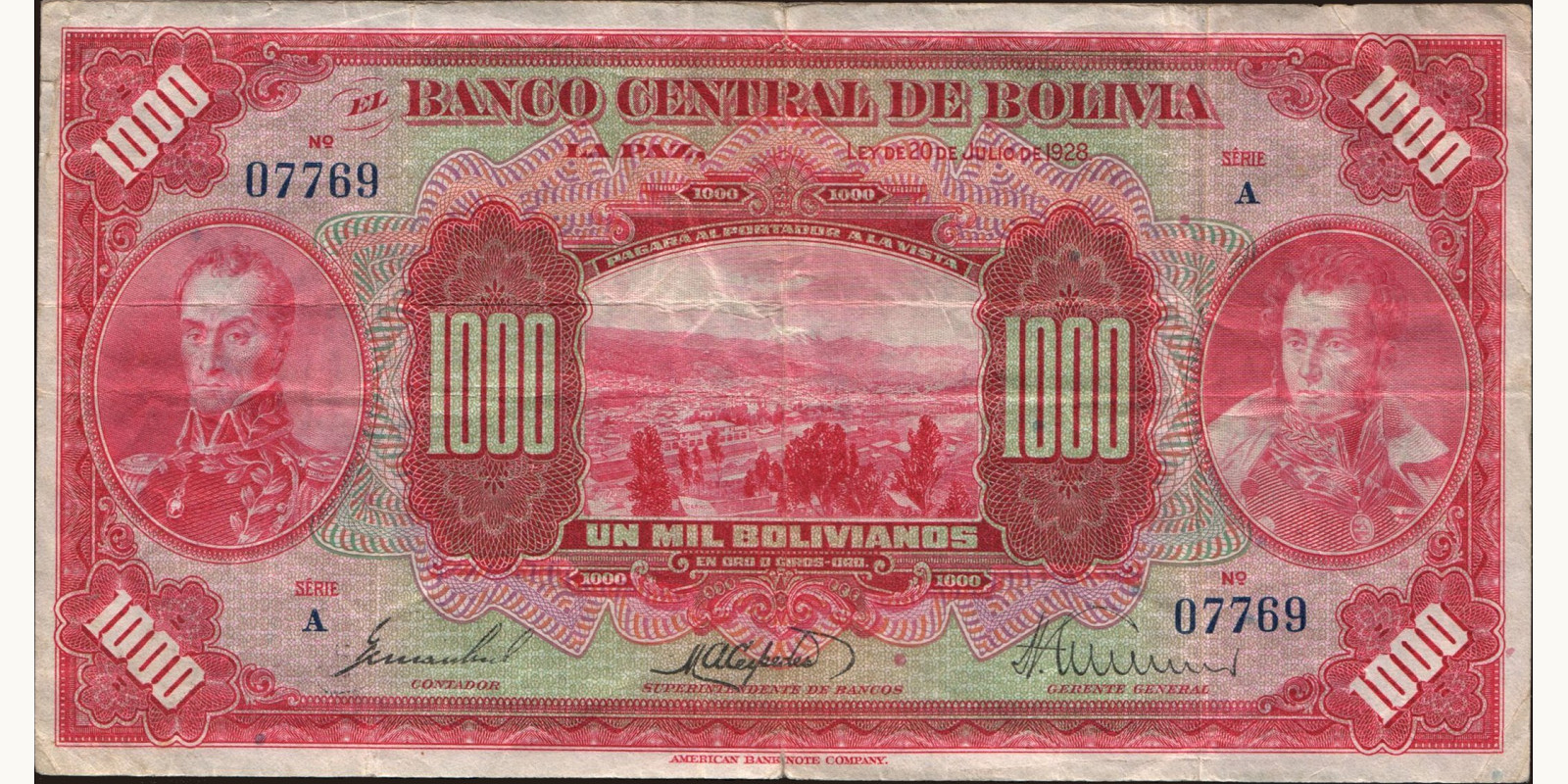 1000 bolivianos Боливия 1928 — Лицевая сторона