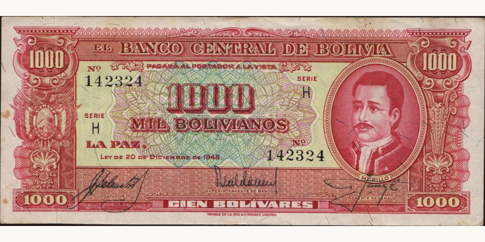 1000 bolivianos Bolivia 1945 — Front side
