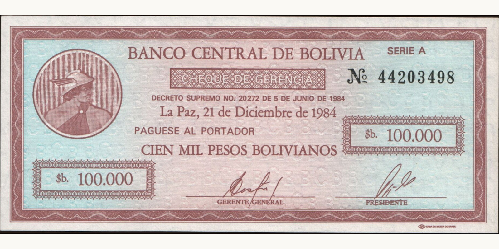 100000 pesos Bolivia 1984 — Front side