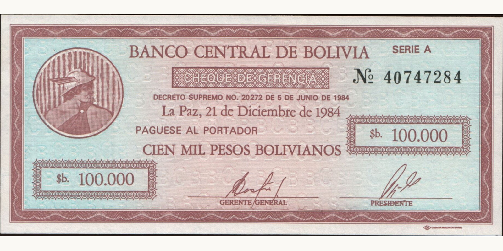 100000 pesos Bolivia 1987 — Front side