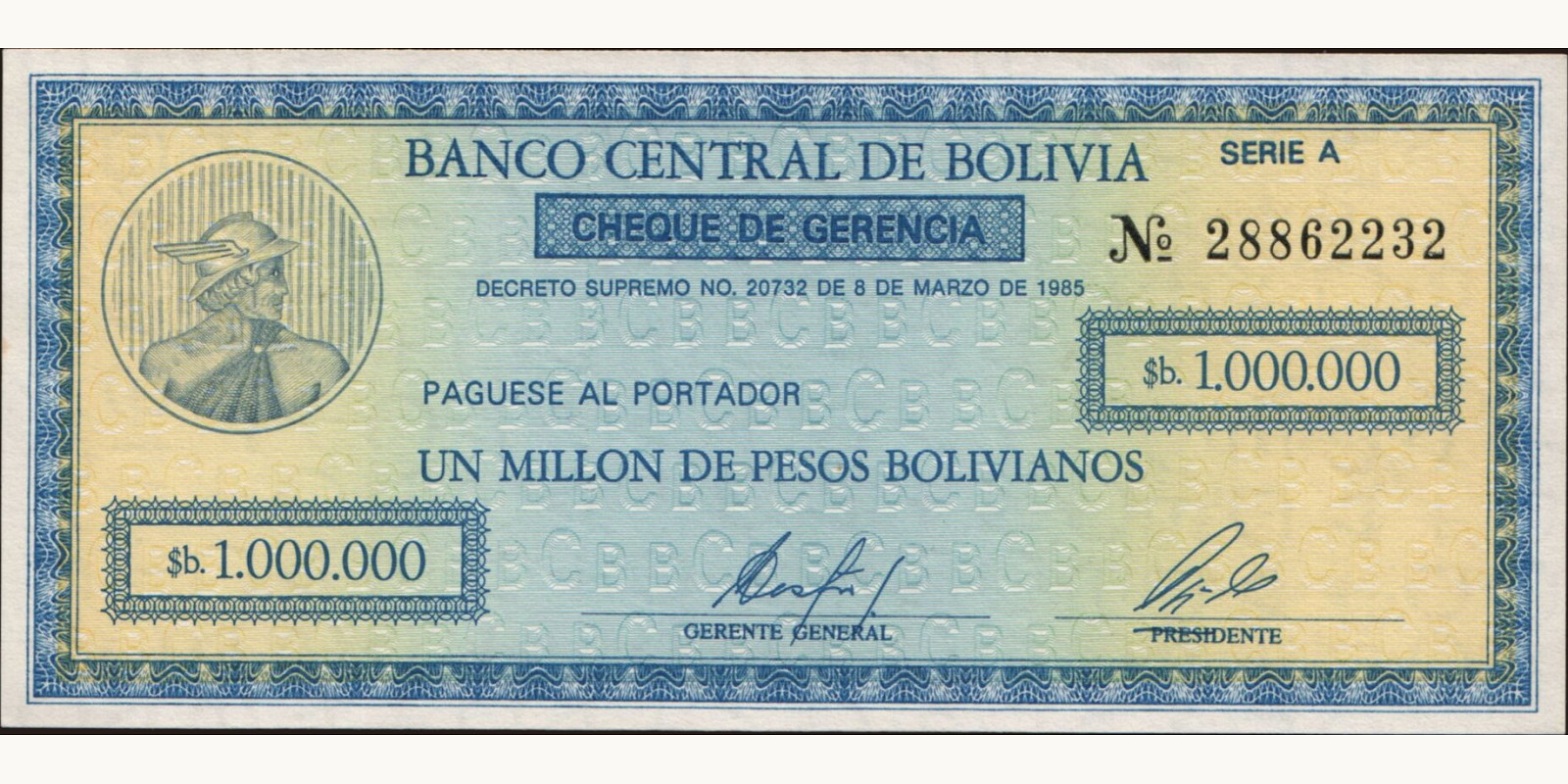 1000000 pesos Bolivia 1985 — Front side