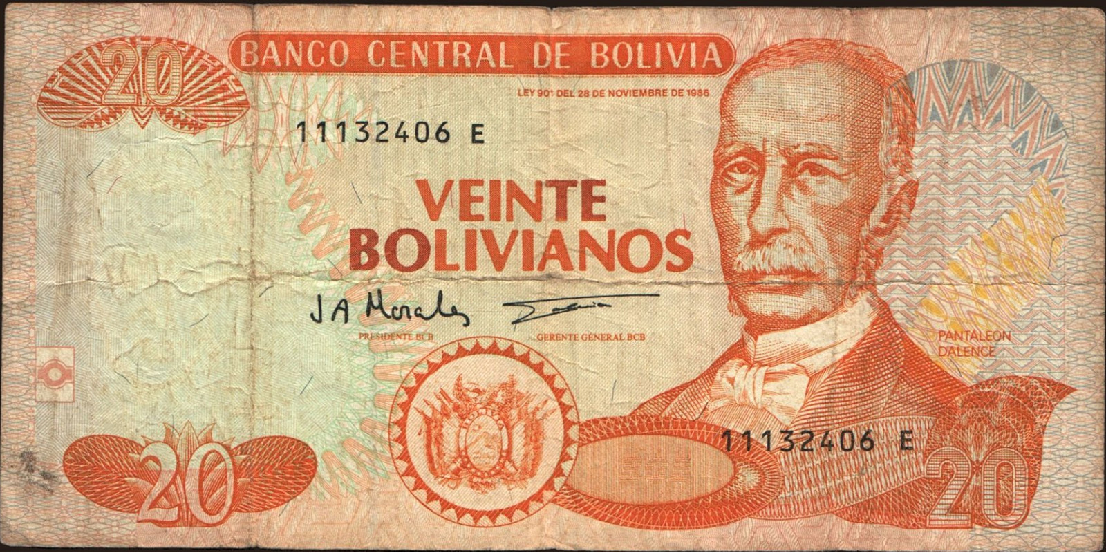 20 bolivianos Bolivia 1986 — Front side