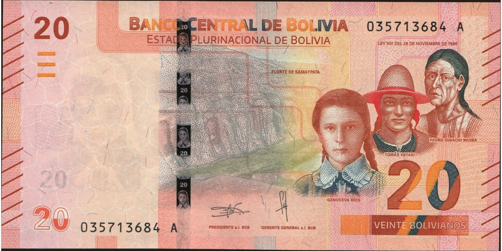20 bolivianos Bolivia 2018 — Front side