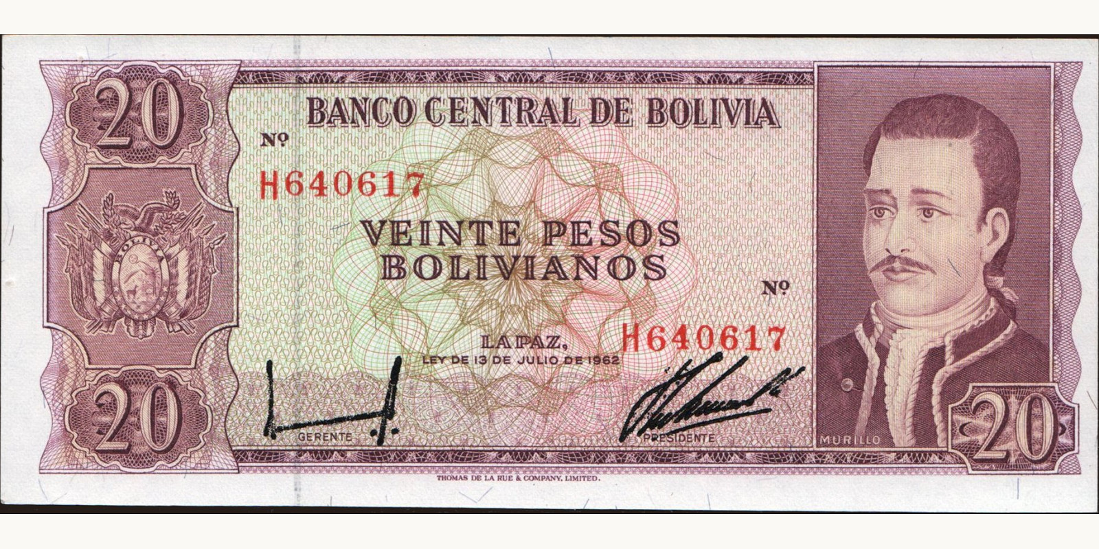 20 pesos Bolivia 1962 — Front side