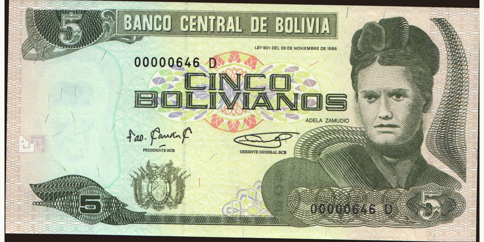 5 bolivianos Bolivia 1986 — Front side