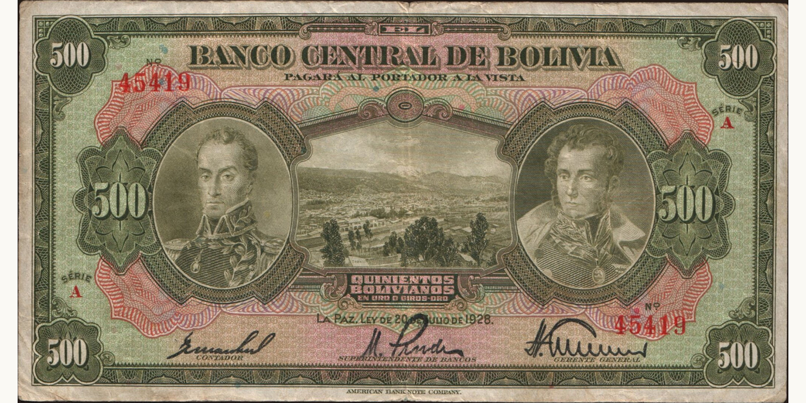 500 bolivianos Bolivia 1928 — Front side