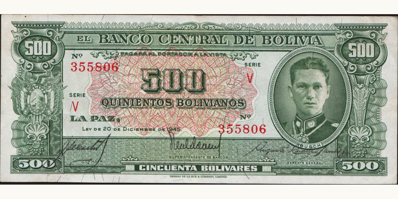500 bolivianos Боливия 1945 — Лицевая сторона