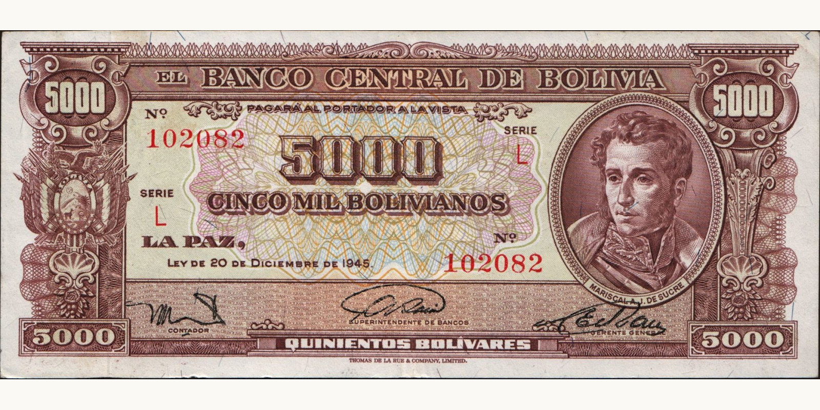5000 bolivianos Боливия 1945 — Лицевая сторона