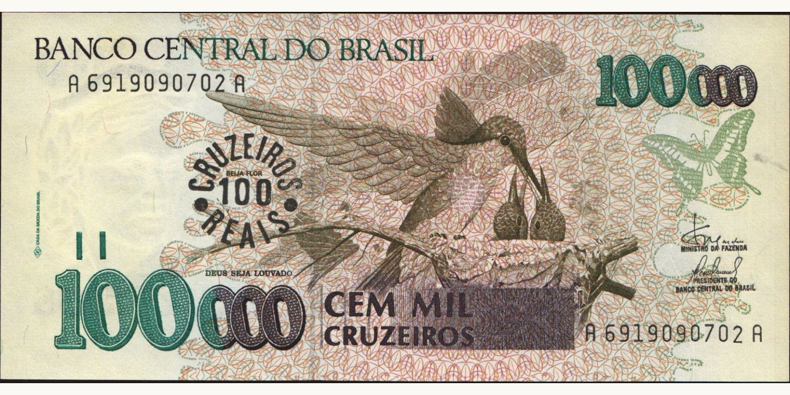 100000 cruzeiros Brazil 1993 — Front side
