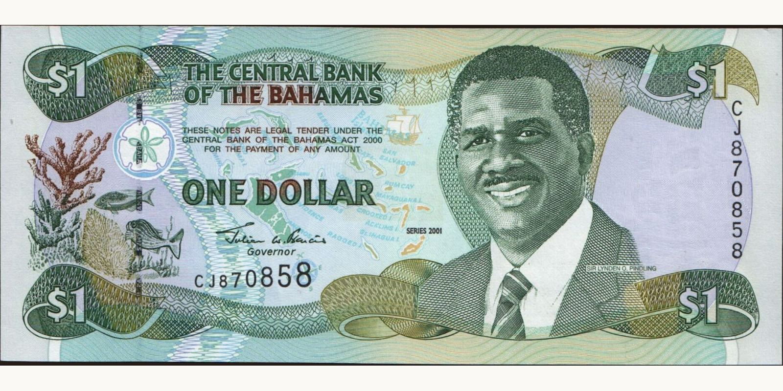 1 dollars Багамы 2001 — Лицевая сторона