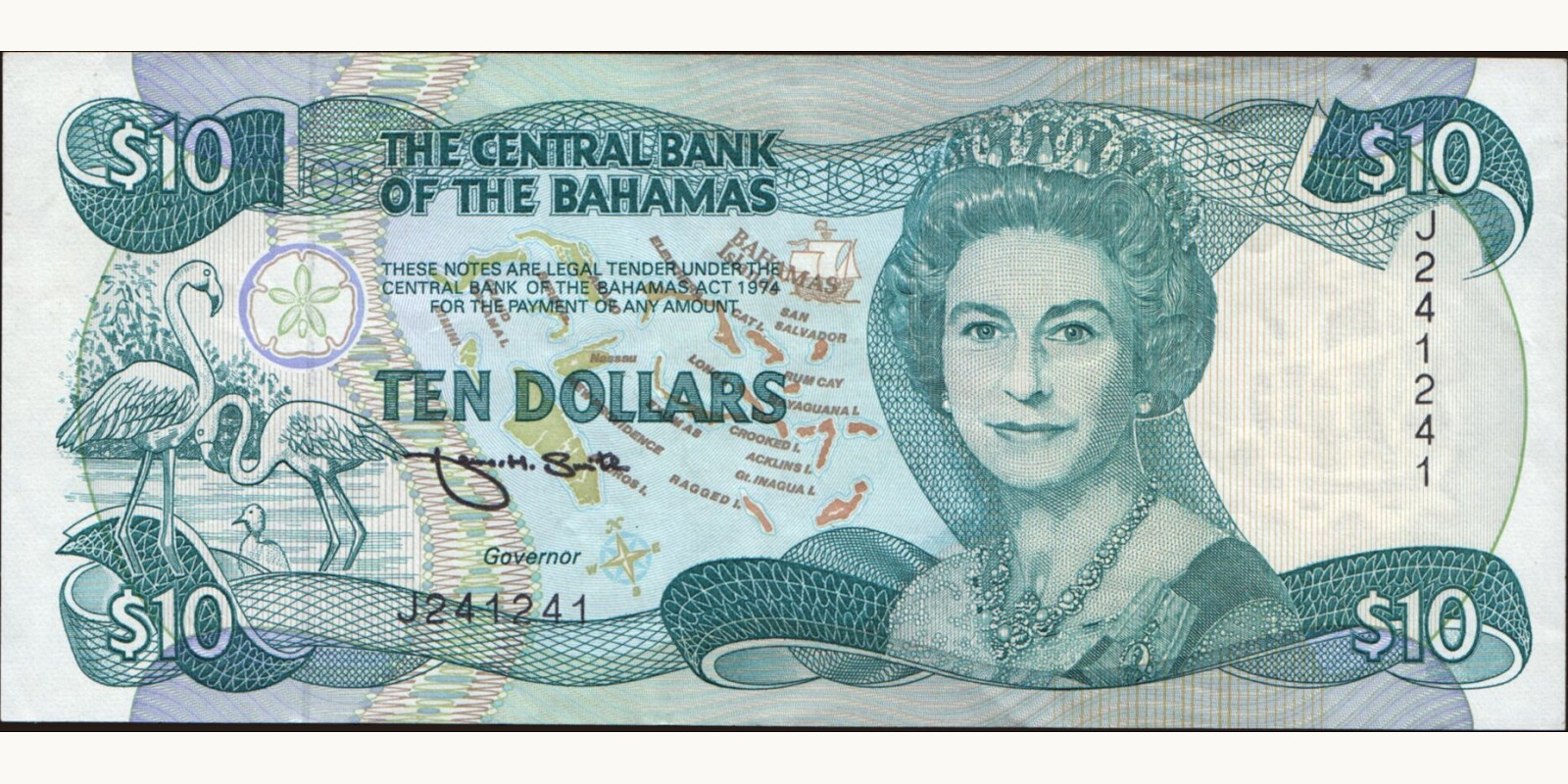 10 dollars Bahamas 1992 — Front side