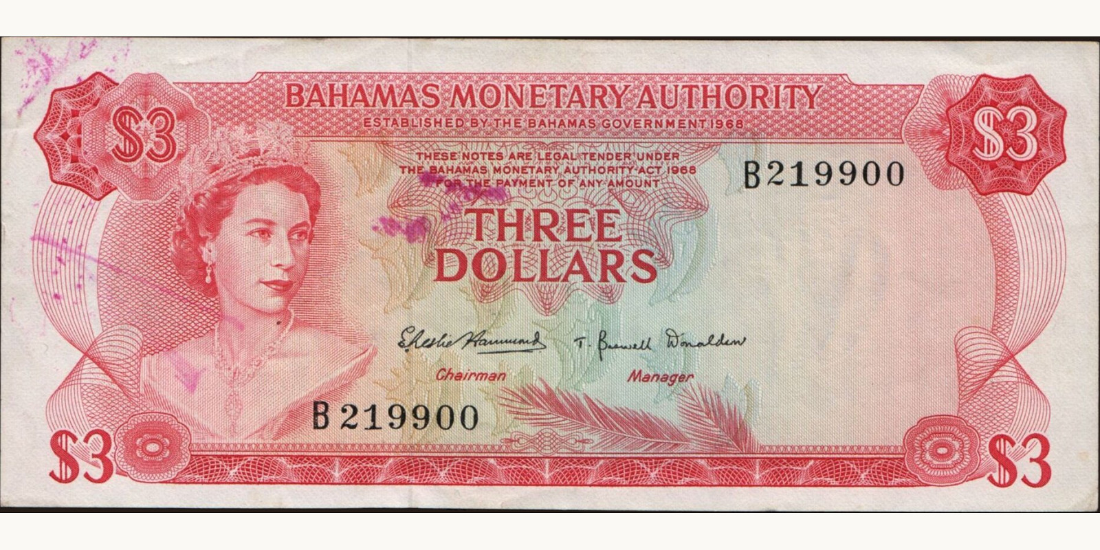 3 dollars Bahamas 1968 — Front side
