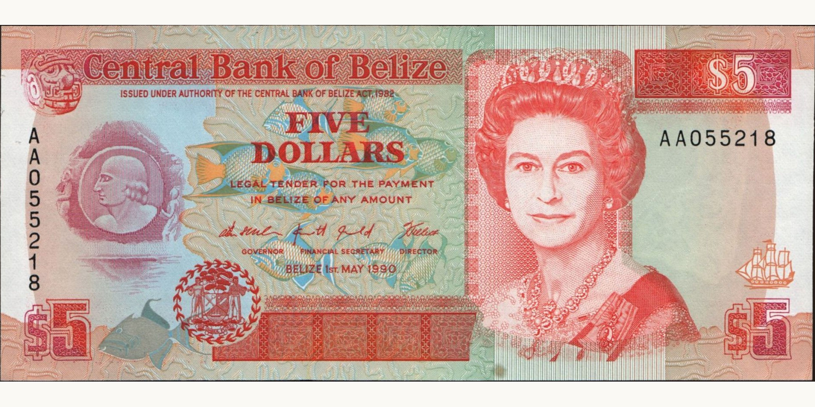 5 dollars Белиз 1990 — Лицевая сторона