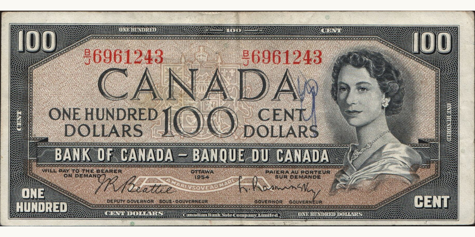 100 dollars Канада 1954 — Лицевая сторона