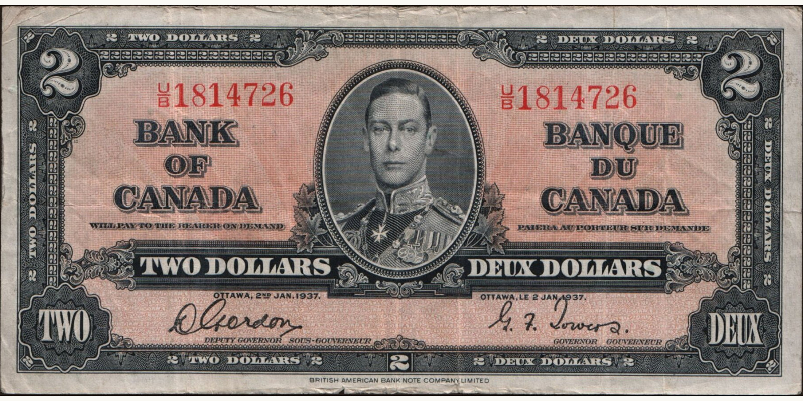 2 dollars Canada 1937 — Front side