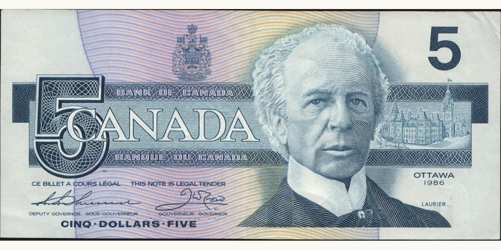 5 dollars Канада 1986 — Лицевая сторона
