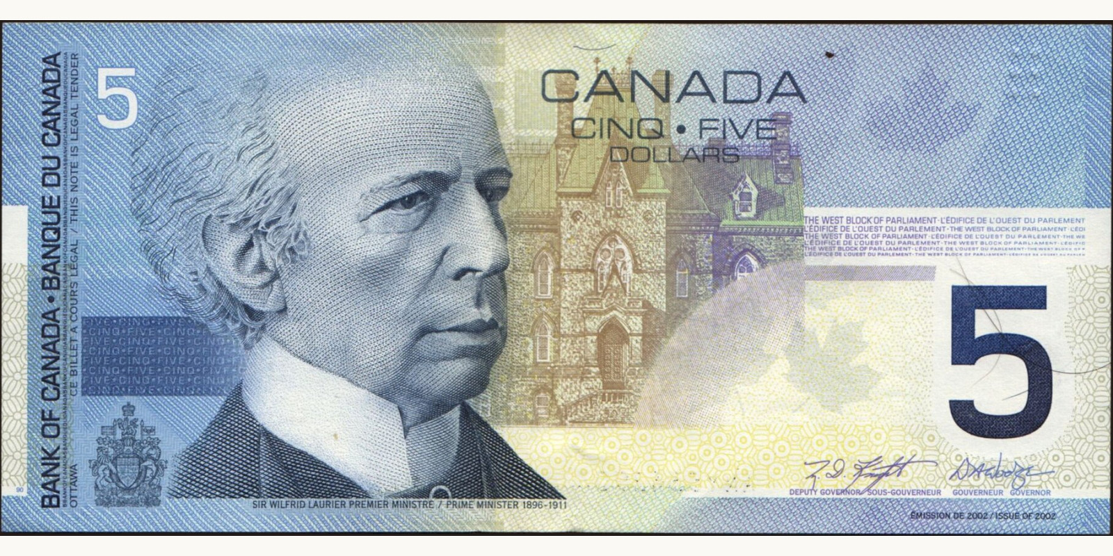 5 dollars Канада 2002 — Лицевая сторона