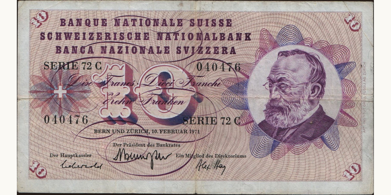 10 franc Switzerland 1971 — Back side
