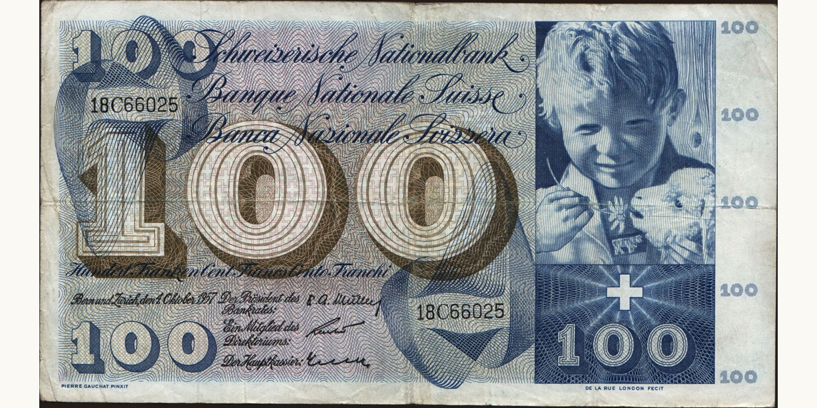 100 franc Швейцария 1957 — Лицевая сторона