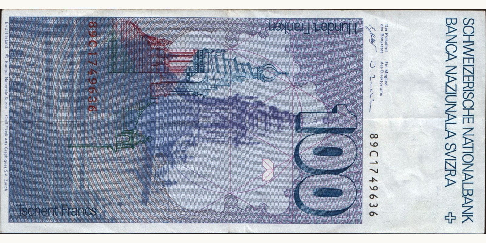 100 franc Швейцария 1989 — Оборотная сторона