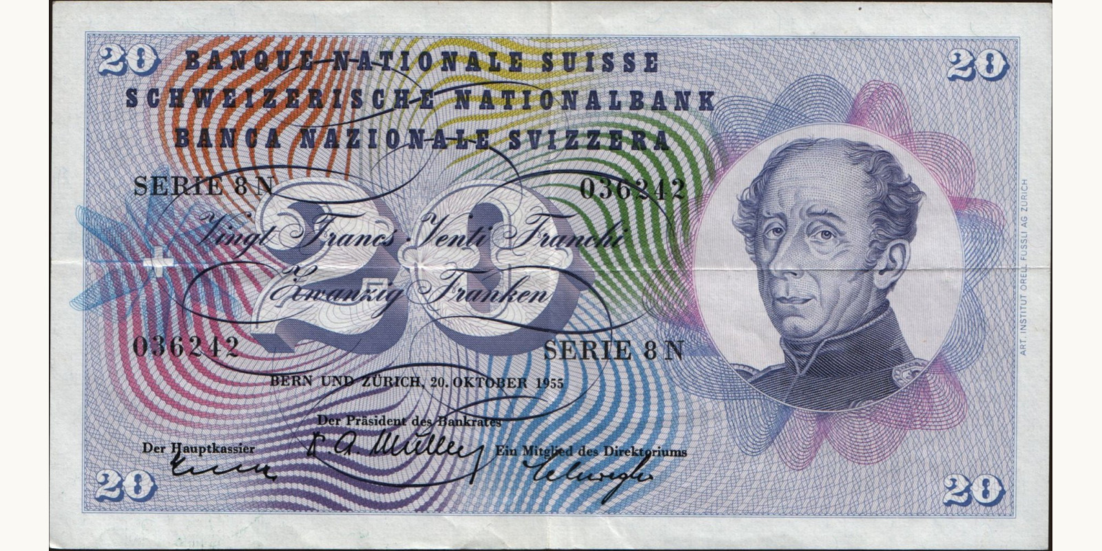 20 franc Швейцария 1955 — Лицевая сторона