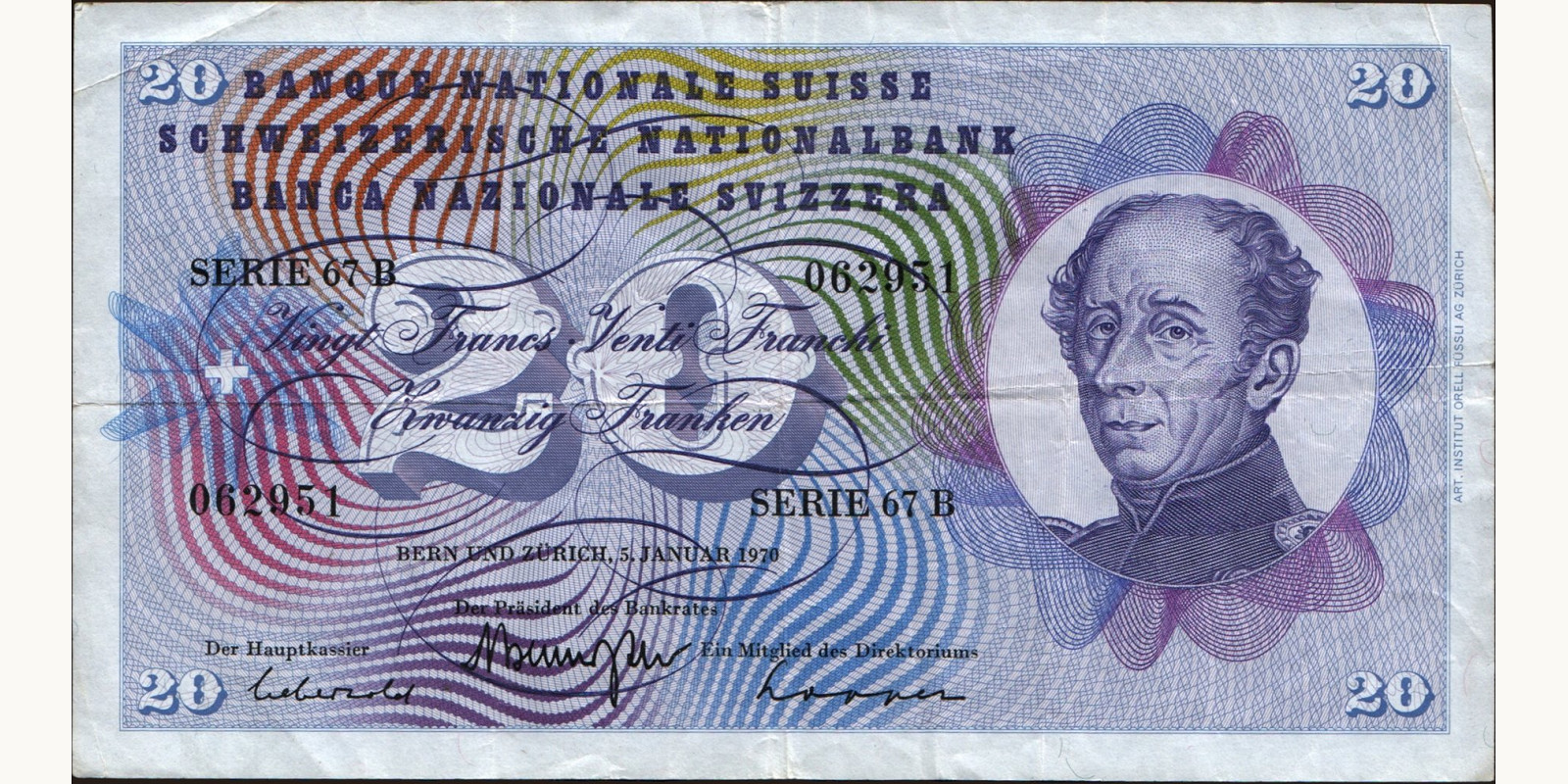 20 franc Швейцария 1970 — Лицевая сторона