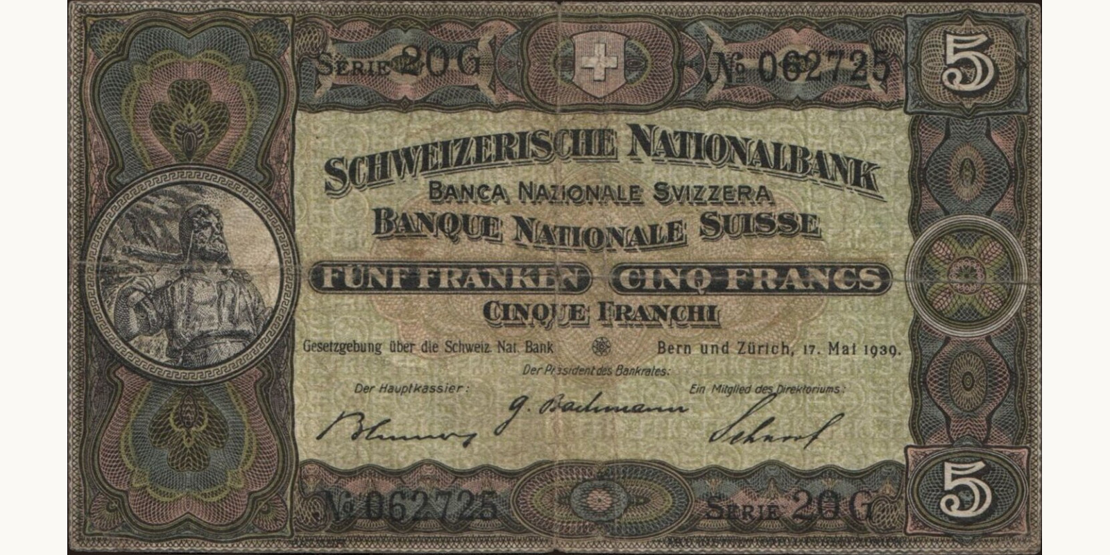 5 franc Швейцария 1939 — Лицевая сторона