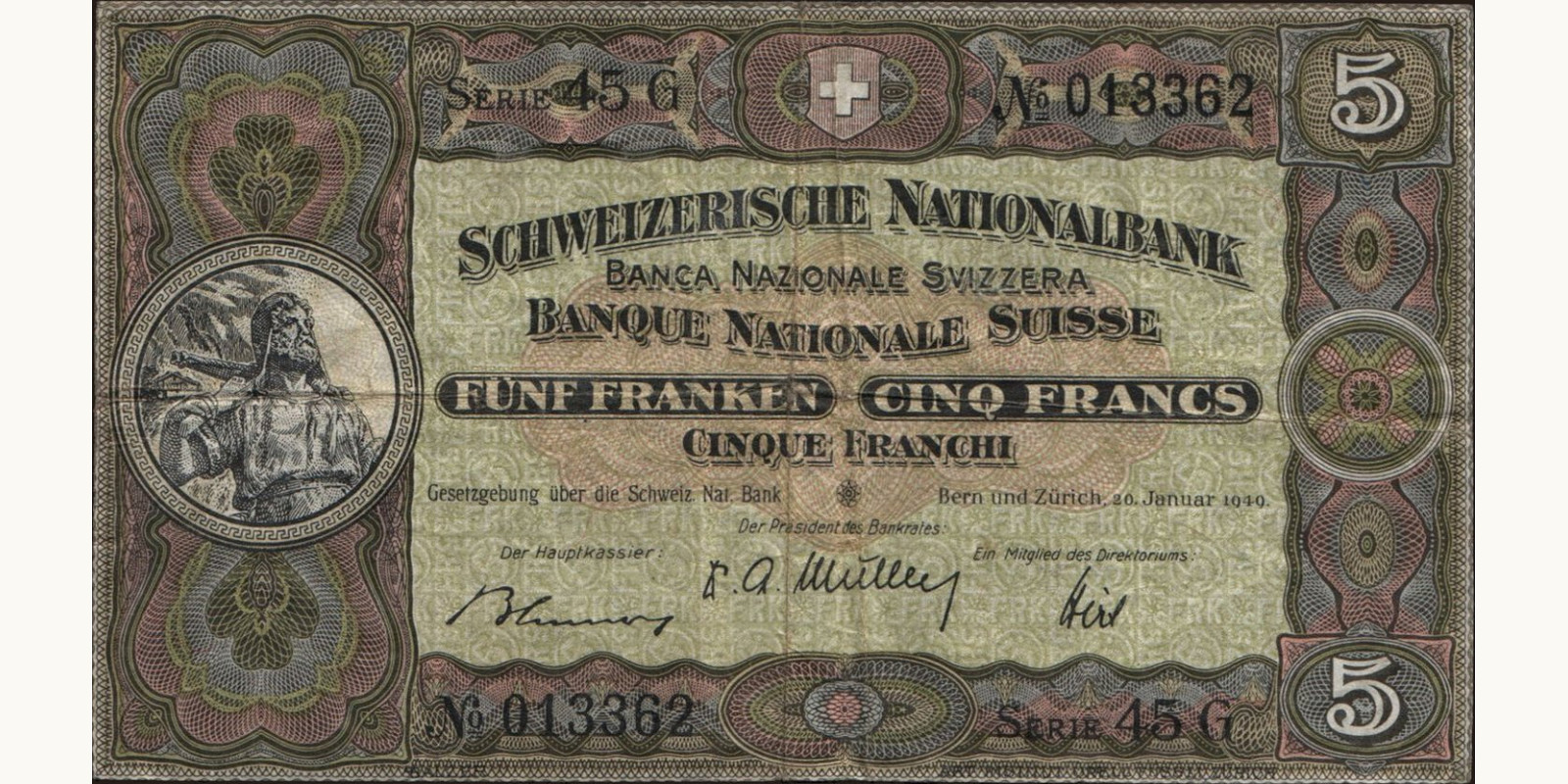 5 franc Швейцария 1949 — Лицевая сторона