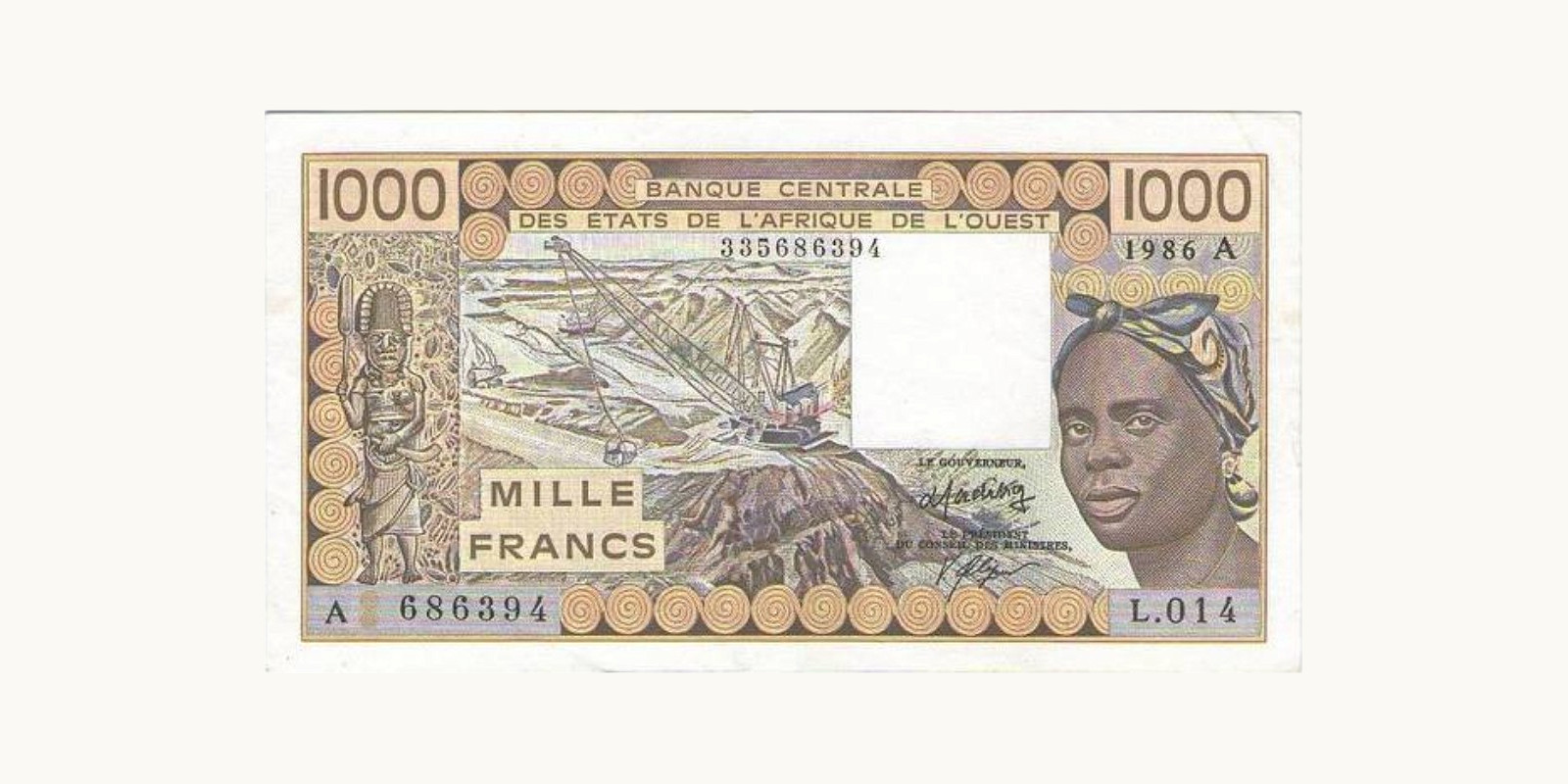 1000 francs Кот-д’Ивуар 1986 — Лицевая сторона