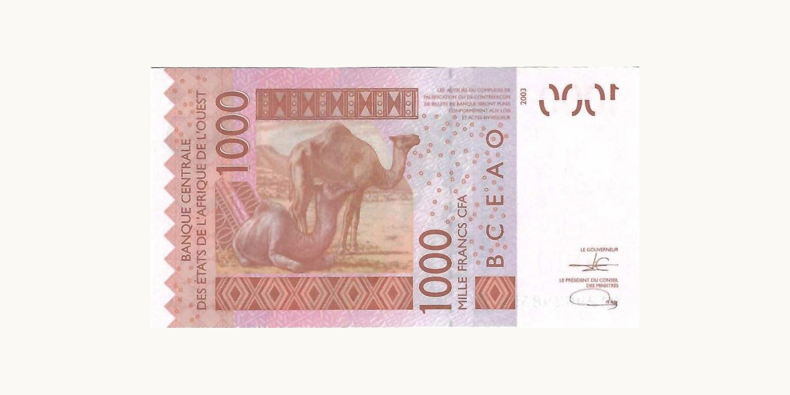 1000 francs Cote d'Ivoire 2003 — Back side