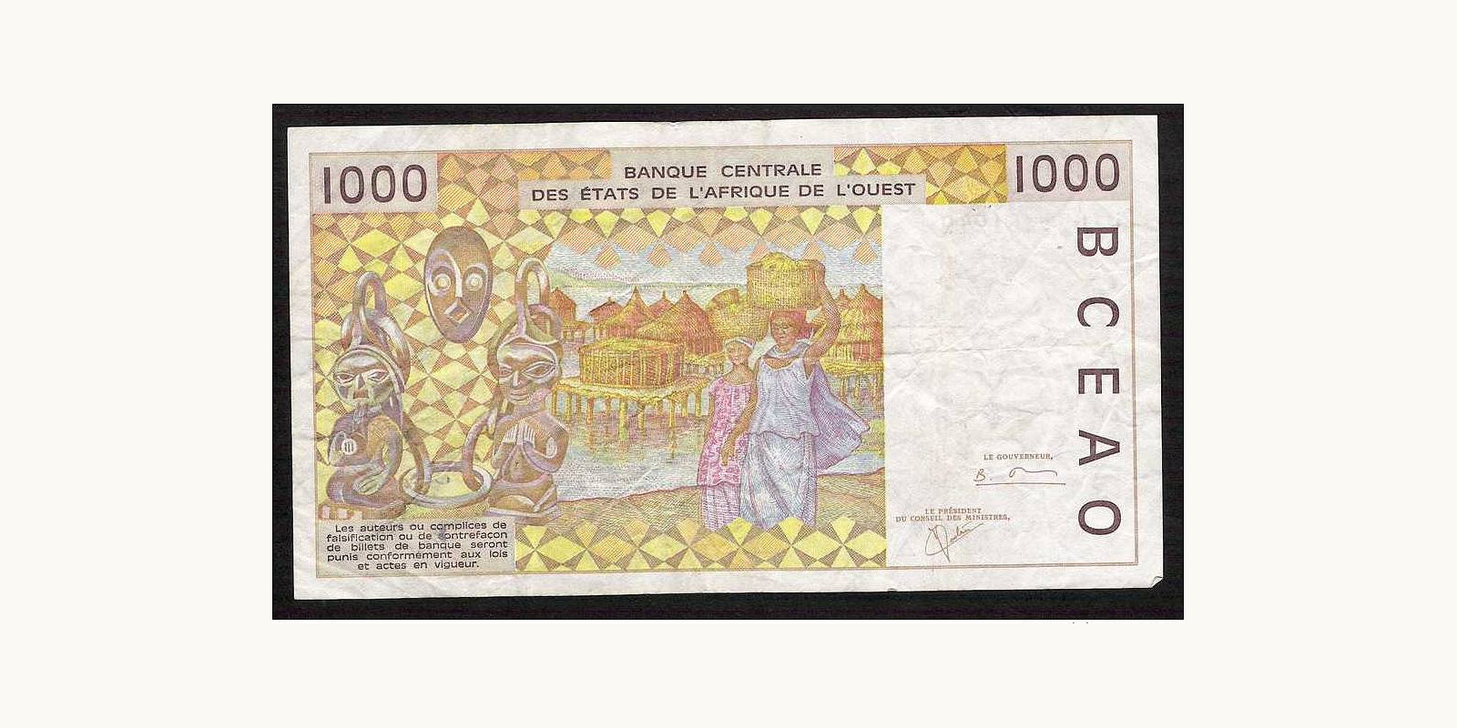 1000 francs Cote d'Ivoire 2001 — Back side