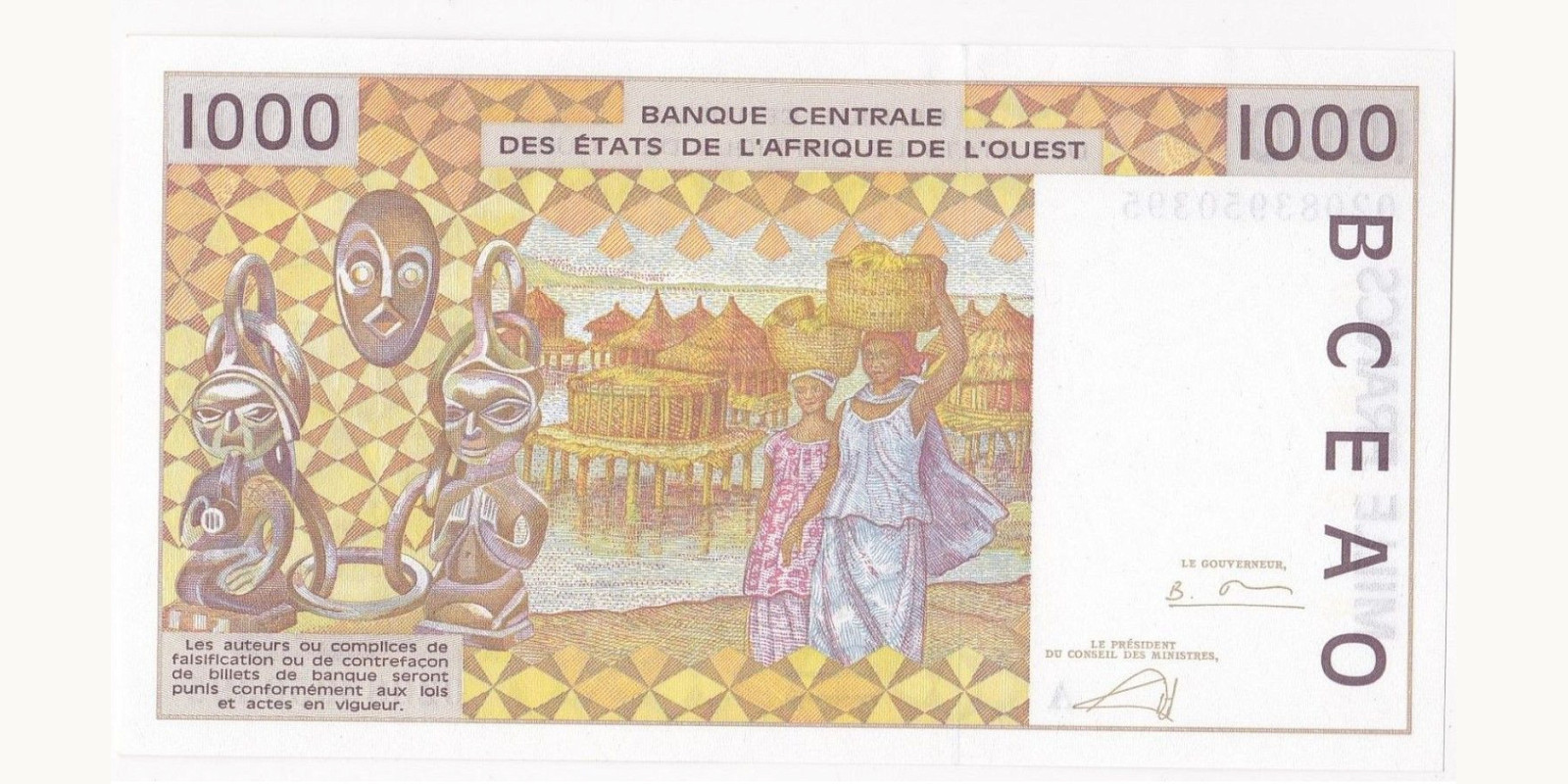 1000 francs Cote d'Ivoire 2002 — Back side