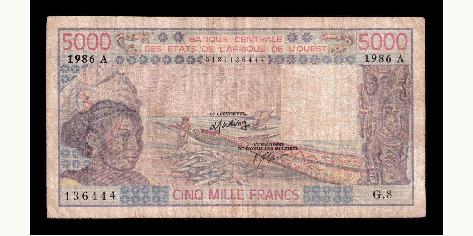5000 francs Кот-д’Ивуар 1986 — Лицевая сторона