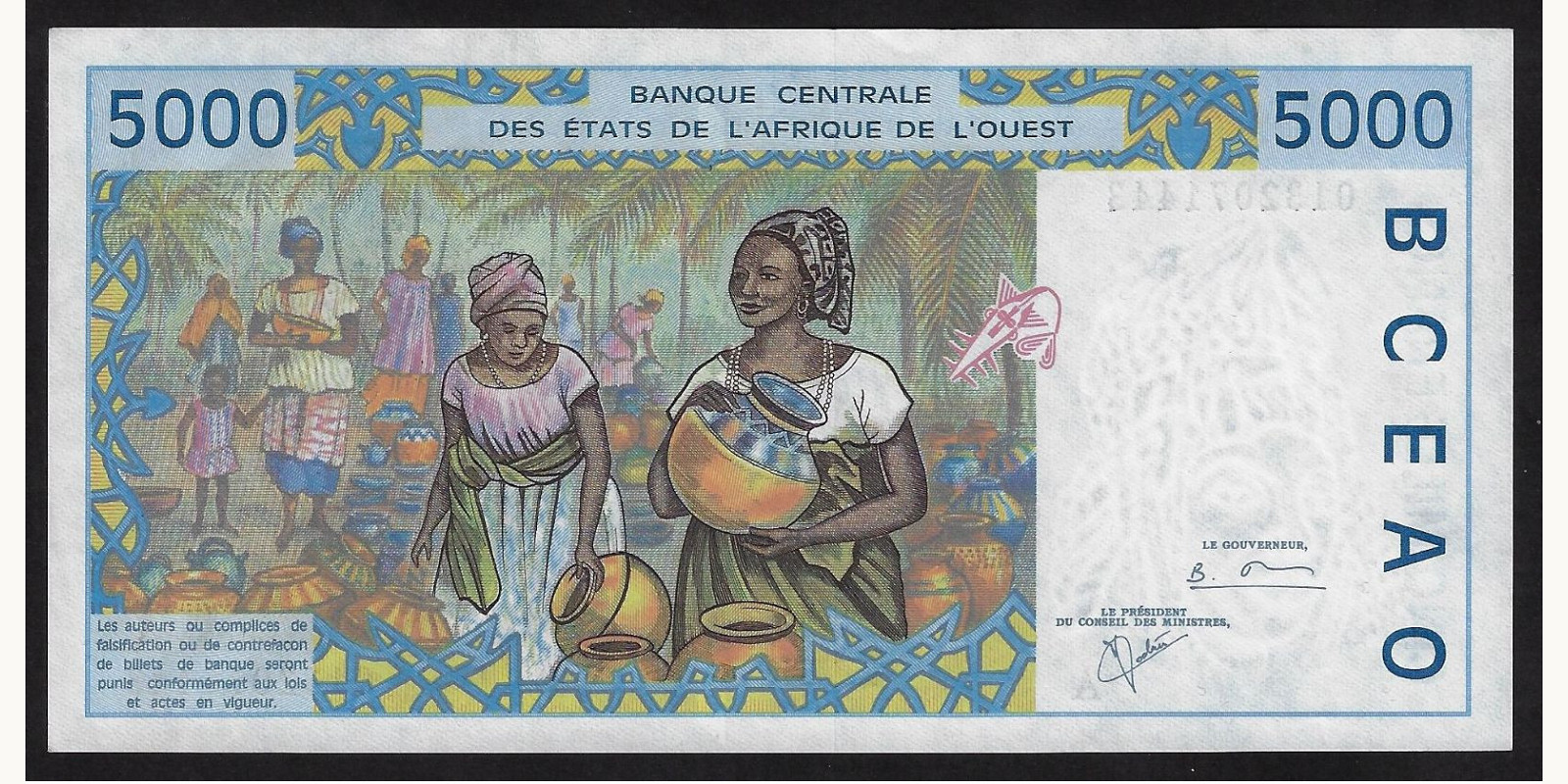 5000 francs Cote d'Ivoire 2001 — Back side