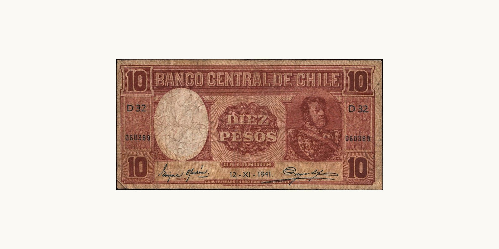 10 pesos Чили 1941 — Лицевая сторона