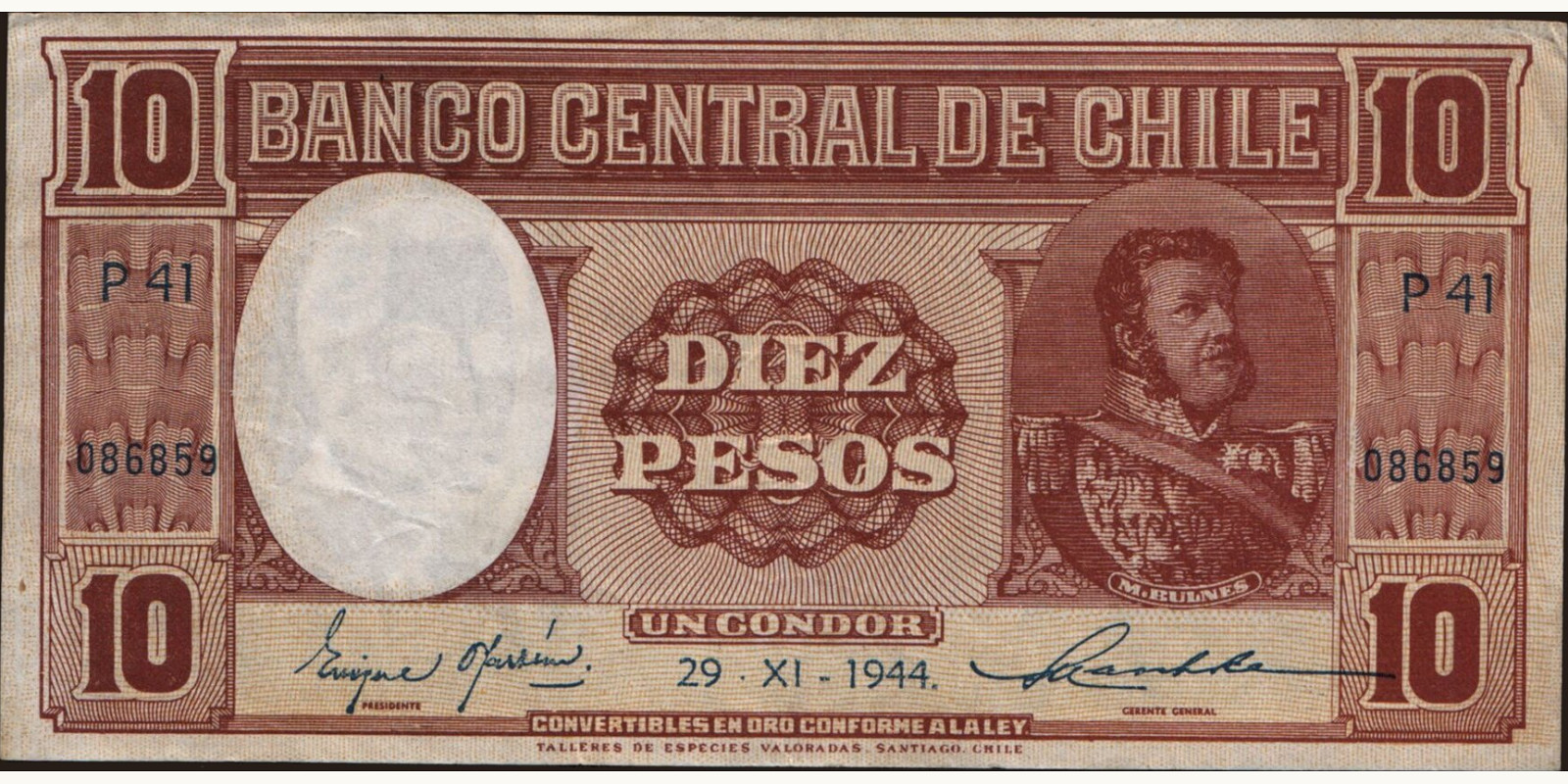 10 pesos Чили 1944 — Лицевая сторона