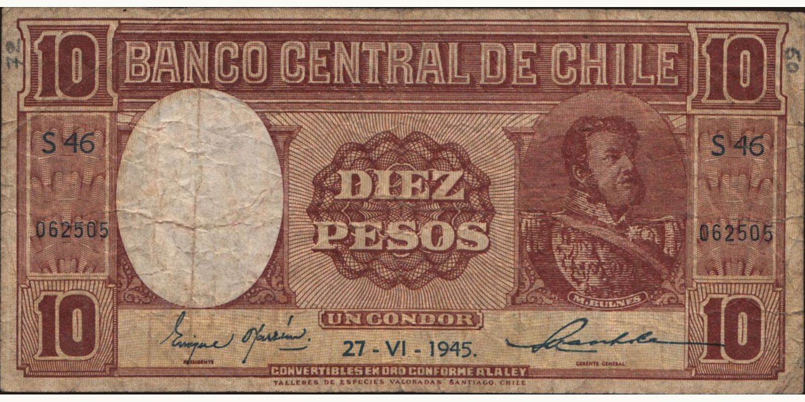 10 pesos Чили 1945 — Лицевая сторона