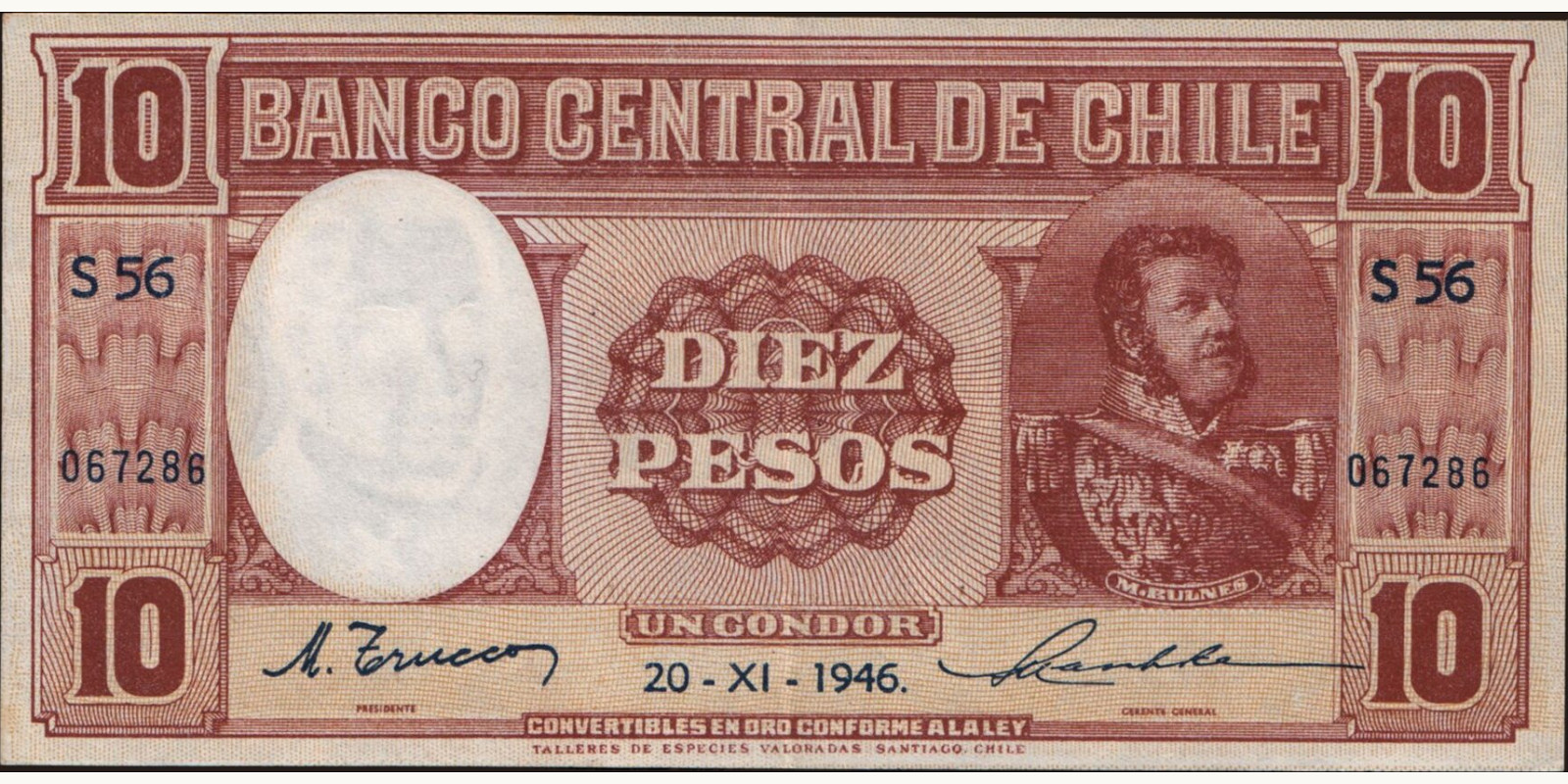 10 pesos Чили 1946 — Лицевая сторона