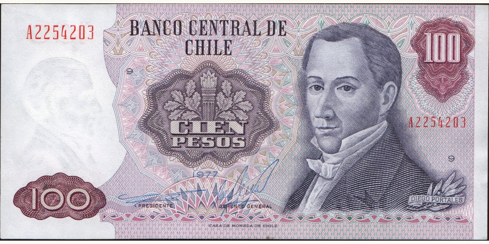 100 pesos Чили 1977 — Лицевая сторона