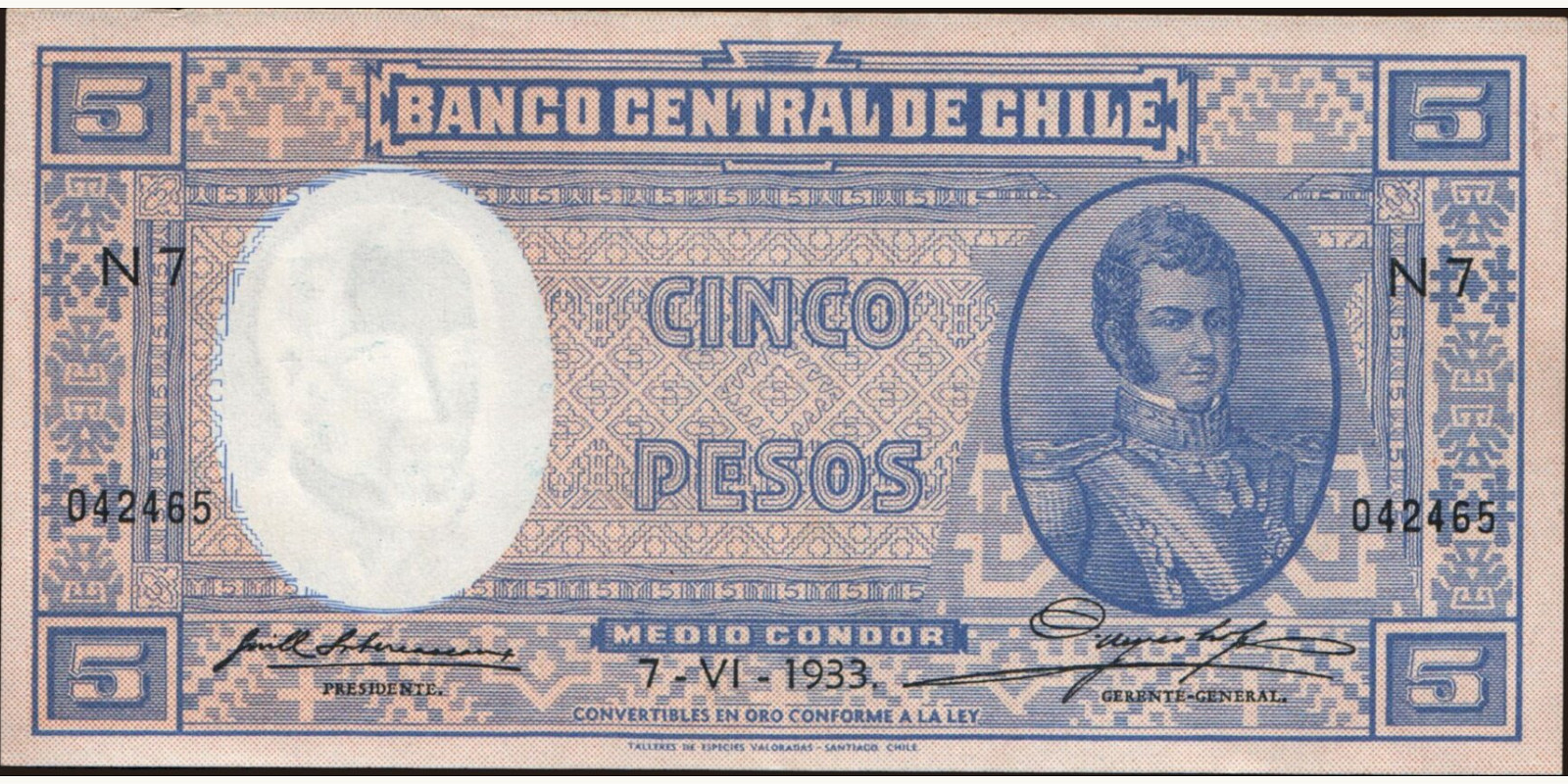 5 pesos Чили 1933 — Лицевая сторона