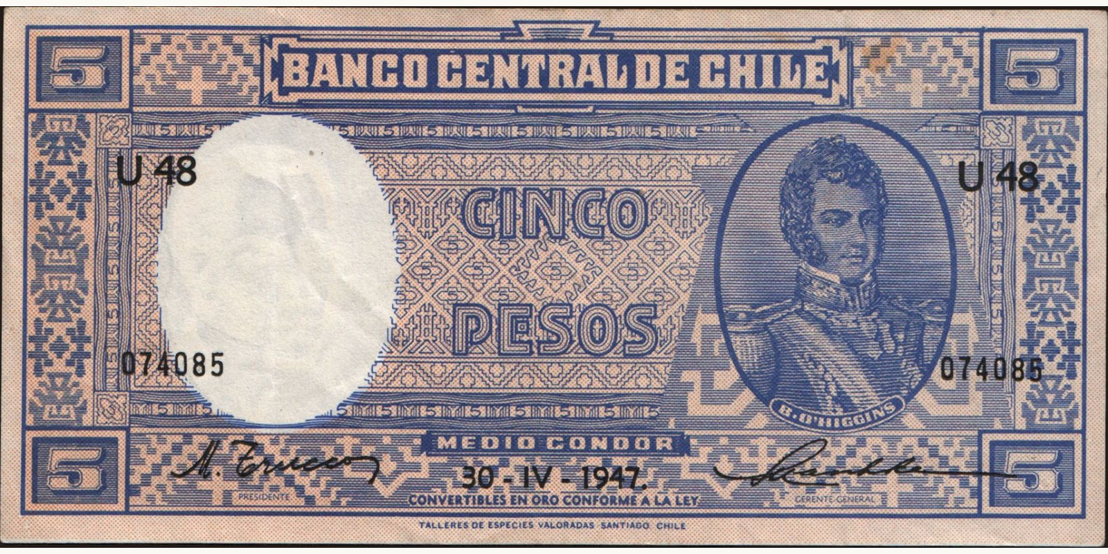5 pesos Chile 1947 — Front side