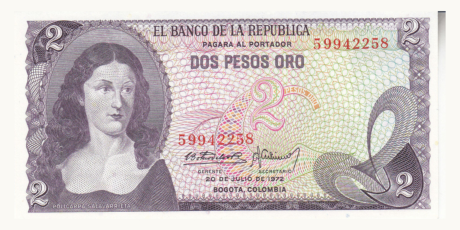 2 pesos Колумбия 1972 — Лицевая сторона