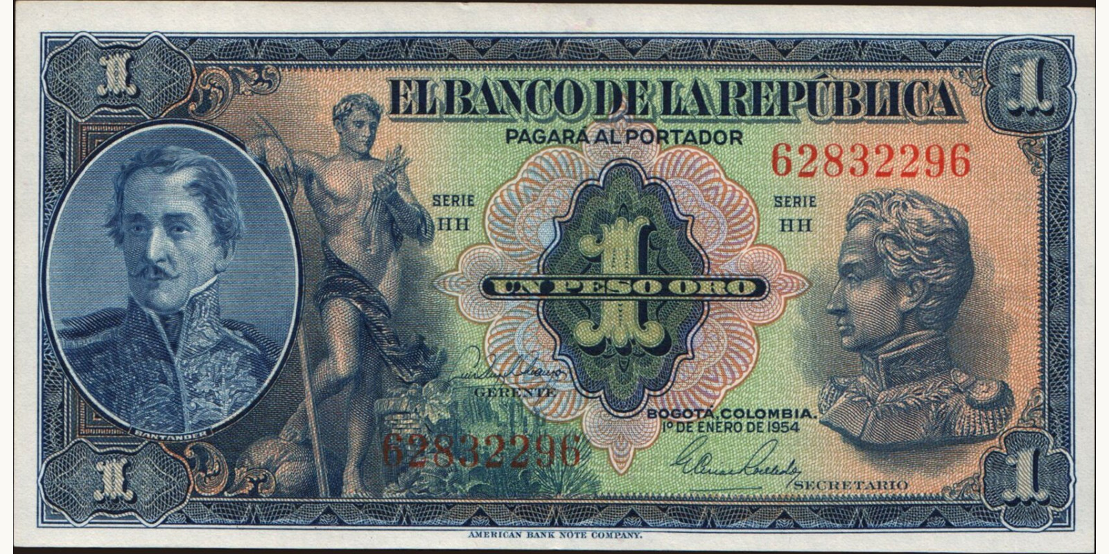 1 pesos Колумбия 1954 — Лицевая сторона