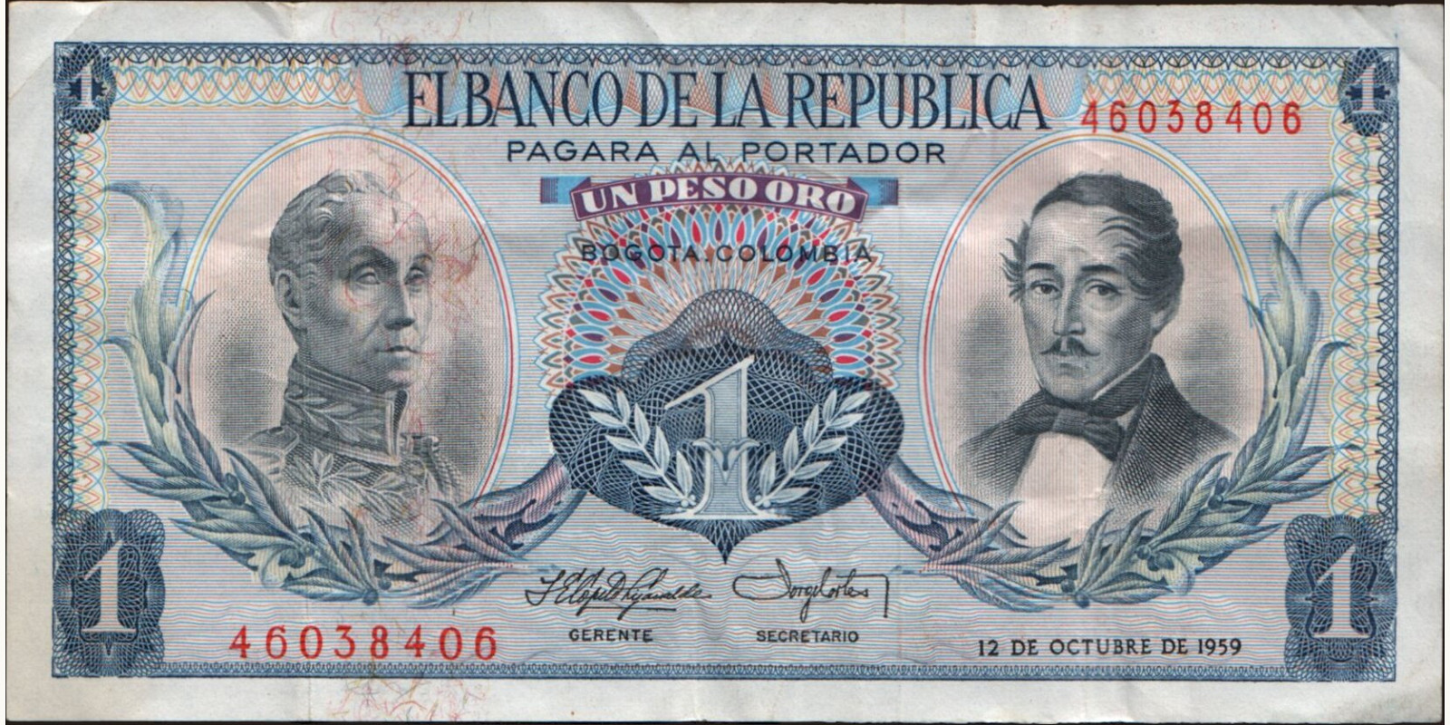 1 pesos Colombia 1959 — Front side