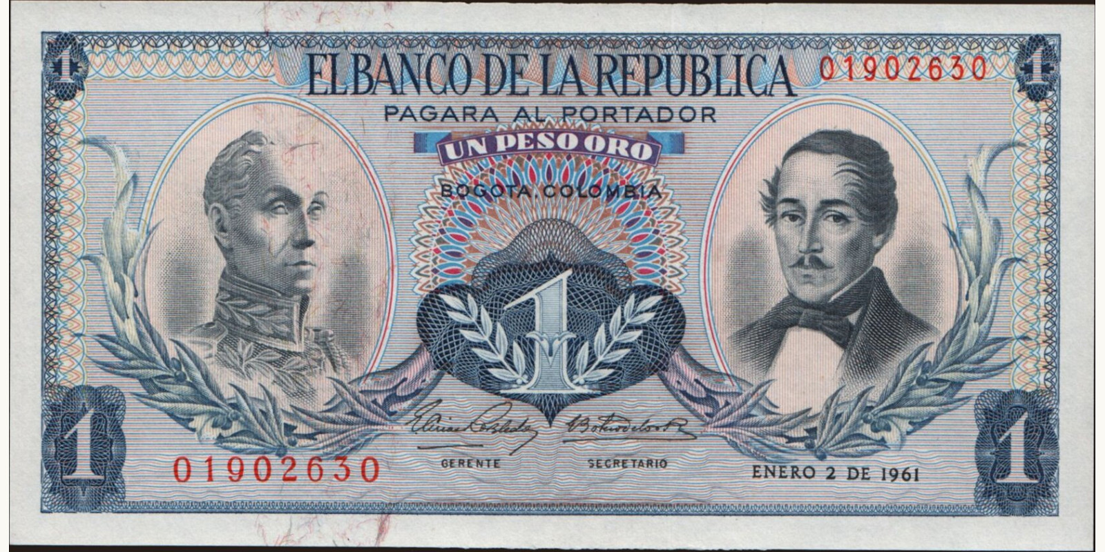 1 pesos Колумбия 1961 — Лицевая сторона