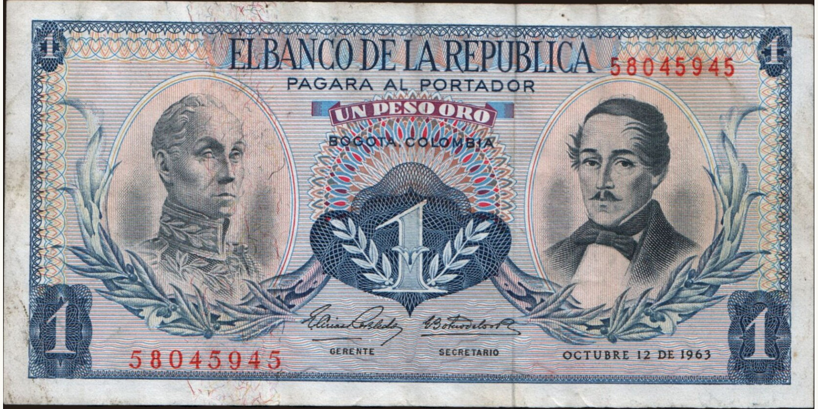 1 pesos Колумбия 1963 — Лицевая сторона